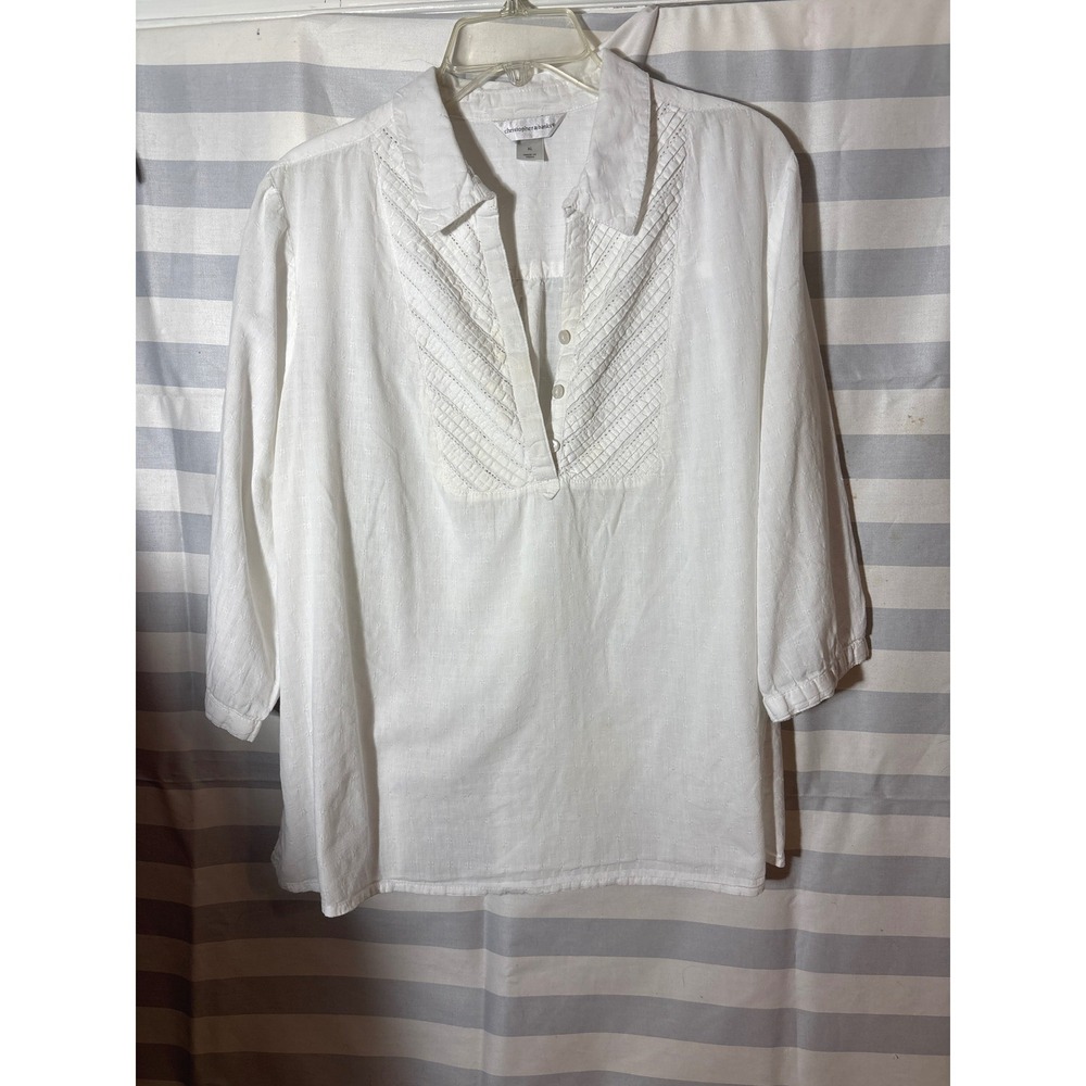 Christopher & Banks White Cotton Pintuck Dobby Blouse XL 3/4 Sleeve Henley